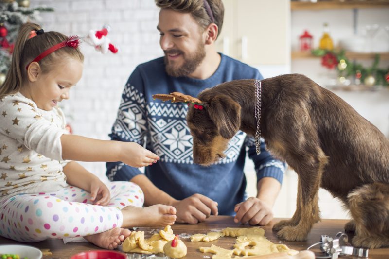 Father and daughter in kitchen for christmas with their dog.